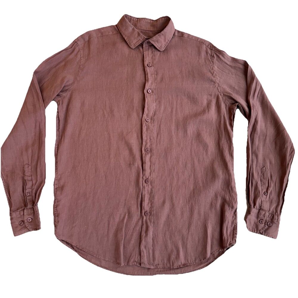 Massimo Dutti 100% Linen Shirt Mens Size L Burgundy Long Sleeve Button Up Shirt